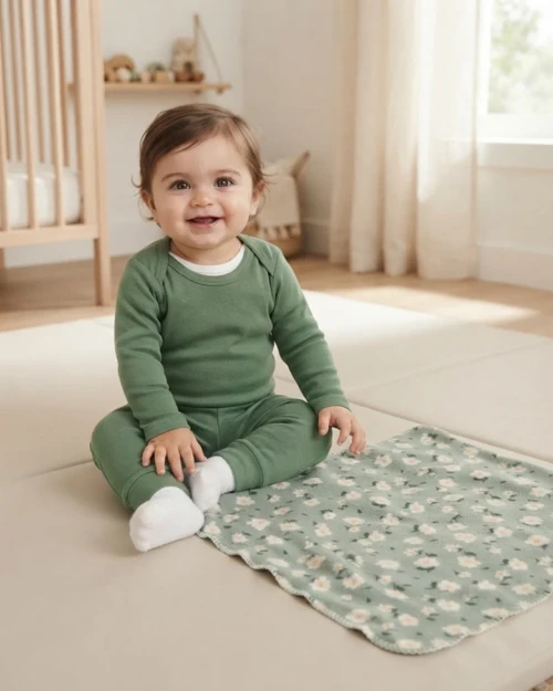 Çiçek Desenli Unisex Bebek Battaniyesi Yeşil