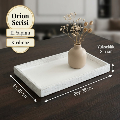 Orion Serisi Eskitme Beyaz El Yapımı Kırılmaz Dekoratif Sunum Tepsisi (20x36 cm)