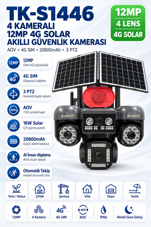TK-S1446 12MP 4 Kameralı 3 PTZ 4G Solar AOV Sürekli Kayıtlı Güvenlik Kamerası
