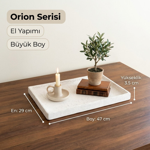 Büyük Boy Kırılmaz El Yapımı Eskitme Beyaz Tepsi - Orion Serisi 29x47x3.5 cm