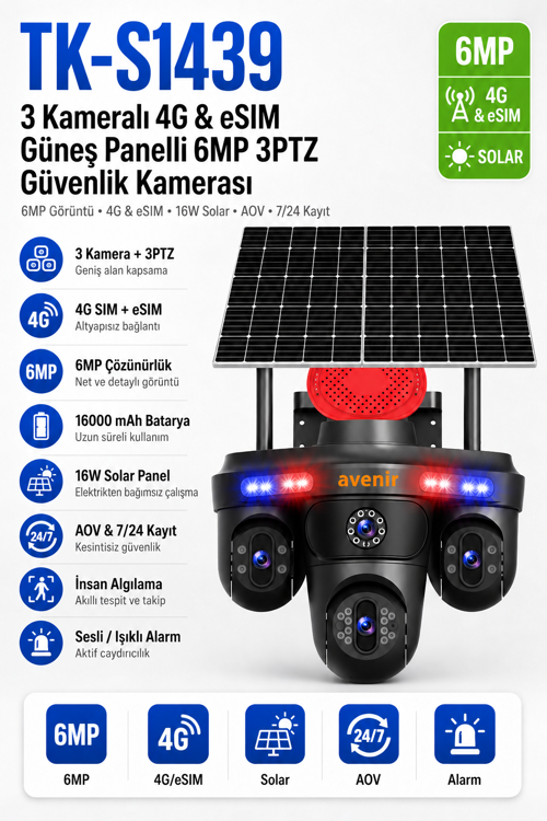 AV-S439 3 Kameralı 4G & eSIM Güneş Panelli 6MP 3PTZ AOV Güvenlik Kamerası