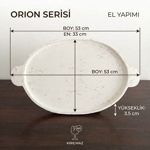 Orion Serisi Büyük Boy Kulplu Eskitme Beyaz El Yapımı Kırılmaz Sunum Tepsisi (33x53 cm)