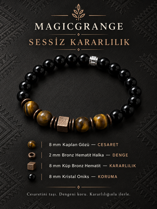 Erkek Doğal Taş Bileklik, 8 mm Kaplan Gözü ve Kristal Oniks, Bronz Hematit Küp Detaylı Elastik Tasarım