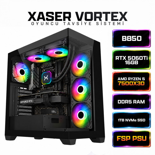 Vortex X150 Ryzen 5 7500X3D 16GB DDR5 Ram 1TB M.2 NVMe SSD 16GB RTX5060Ti Sıvı Soğutmalı Oyuncu Bilgisayarı
