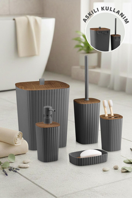 Safir Antrasit Ahşap Desenli Çizgili Banyo Seti 5 Parça Plastik