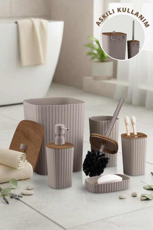 Safir Vizon Ahşap Desenli Çizgili Banyo Seti 5 Parça Plastik