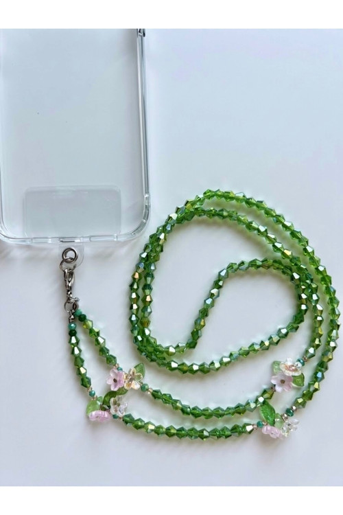 Çiçek ve Yaprak Detaylı Cam Kristal Telefon Strap - Parıltılı Telefon İpi ve Charm