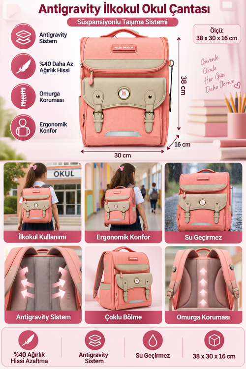 İlkokul Okul Çantası Hello Dragon Model 13 Pembe Antigravity 38x30x16 cm