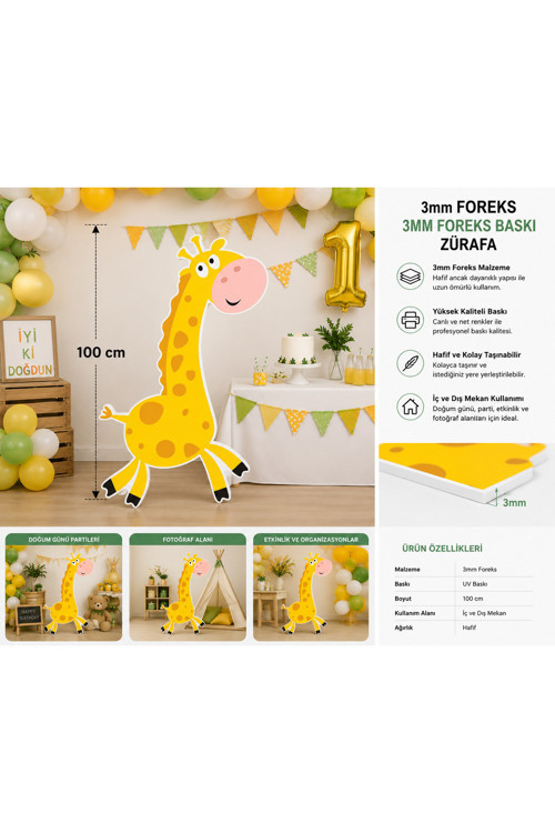 3Mm Foreks Zürafa Figürlü Dekorasyon 100 Cm – Çocuk Doğum Günü Parti Süsü Ve Fotoğraf Alanı Dekoru (Sürpriz Hediyeli)