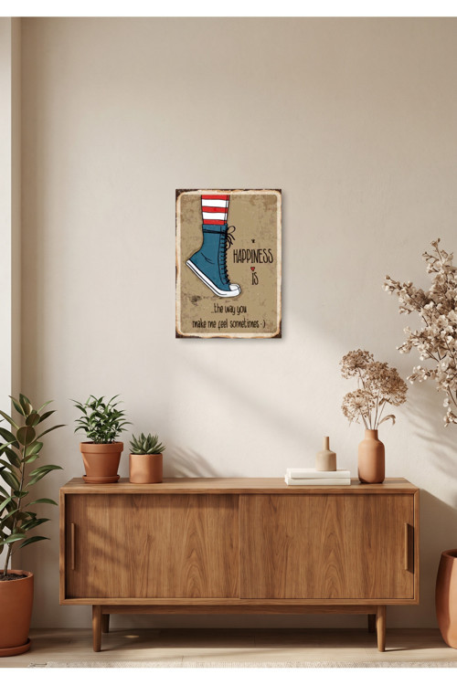Happiness Retro Tablo – Vintage Yazılı Dekoratif Poster | Ahşap & Metal Seçenekli