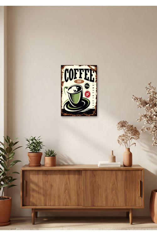 Coffee Shop Retro Tablo – Vintage Kahve Temalı Dekoratif Poster | Ahşap & Metal Duvar Tablosu