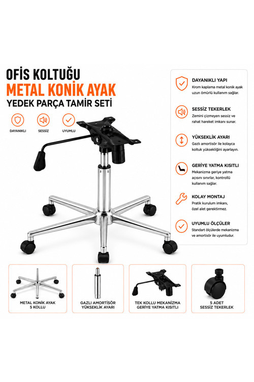 Ofis Koltuğu Metal Boru Ayak Tamir Seti Krom Ayak Amortisör Mekanizma ve 5 Adet Tekerlek Dahil