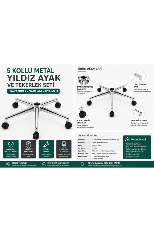 5 Kollu Metal Yıldız Ayak ve Tekerlek Seti Krom Ofis Koltuğu Ayağı