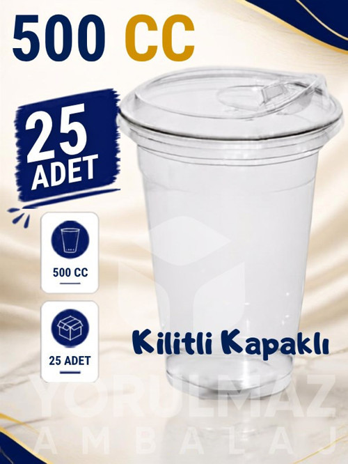 🧊 500 Cc Kilitli Kapaklı Plastik Bardak 25 Adet | 🥤 Sızdırmaz Soğuk İçecek Bardağı