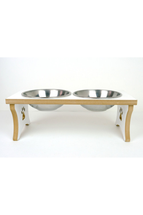 Köpek Su ve Mama Kabı Standı - Büyük Irk - Beyaz MDF - 2'li Model - Çelik Kase - 2*1000ml