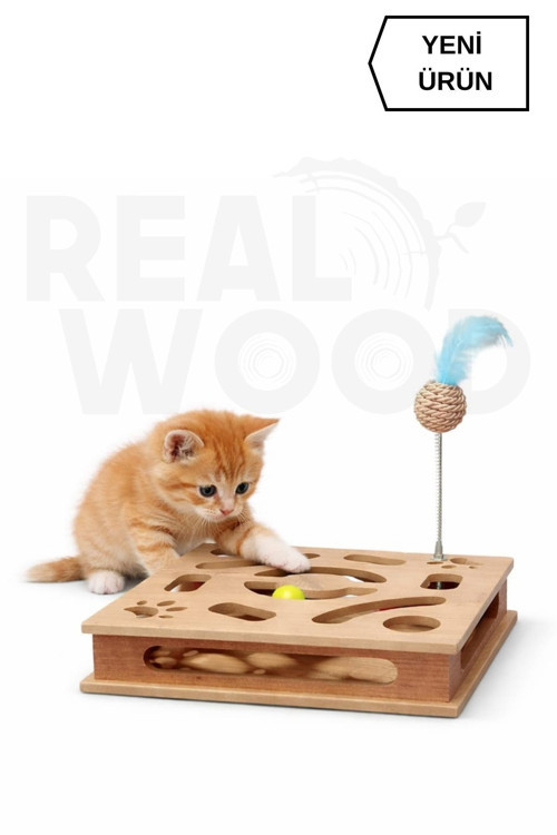 Ahşap Kare Kedi Oyuncağı - 30cm x 30cm - Çıngıraklı Toplu - (Yaylı Top Eklenmiştir)