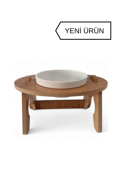 Ahşap Kedi Su & Mama Kabı - Tekli Oval Model - Eğimli - Kırılmaz Melamin Kase - 1*400ml