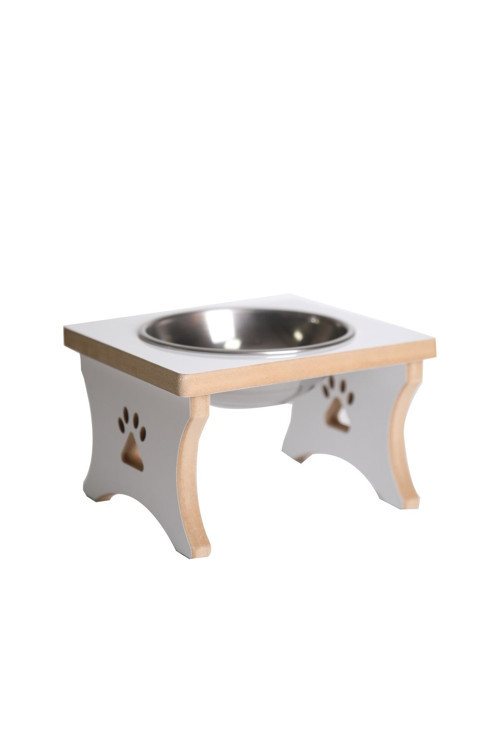 Ahşap Köpek Su ve Mama Kabı Standı - Büyük Irk - Beyaz MDF - Tekli - Çelik Kase - 1*1000ml