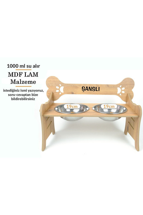 Özel İsim Baskılı, Ahşap, Kademeli, Çelik Kaseli, Eğimli, Büyük Irk Köpek Mama - Su Kabı-2*1000 Ml.