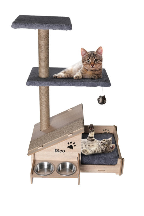 Çok Amaçlı Katlı Kedi Evi-isim Baskılı-ahşap Mdf-tırmalama Çubuklu-gri Minder-çelik Kase-2*350