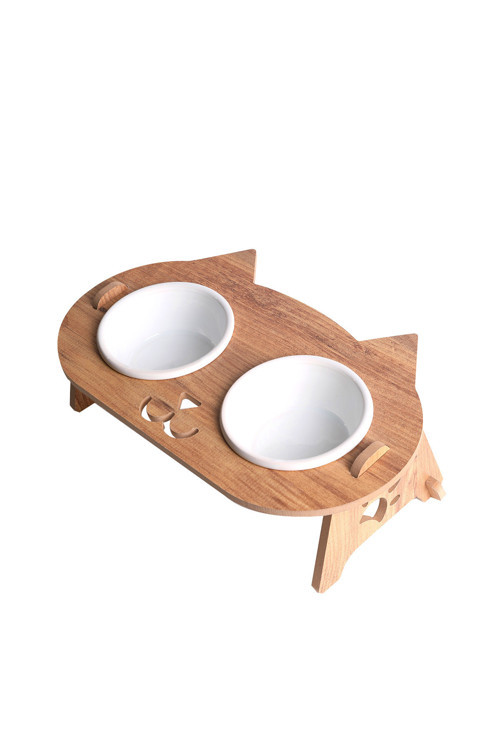 Kedi Su Ve Mama Kabı Standı - Ahşap Mdf - Eğimli Kedi Kafa Modeli-2'li-seramik Beyaz Kase-2*400ml