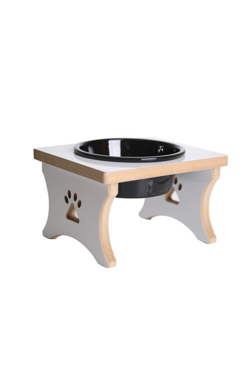 Ahşap Köpek Su ve Mama Kabı Standı - Büyük Irk - Beyaz MDF - Tekli - Siyah Seramik Kase - 1*1000ml