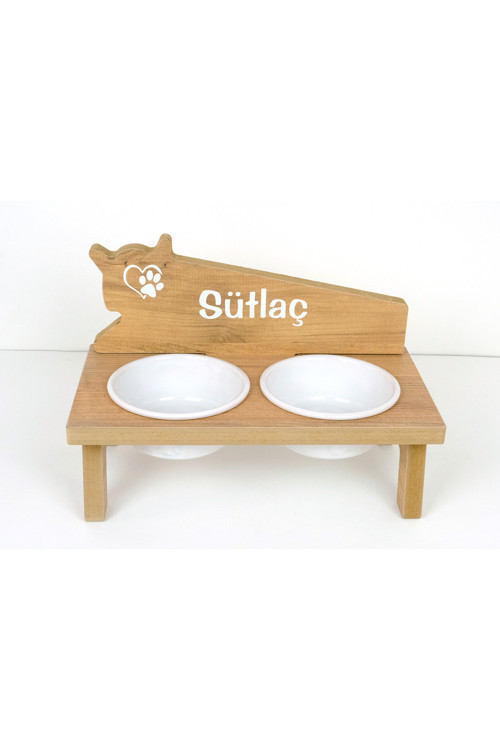Kedi Su ve Mama Kabı Standı - Özel İsimli - Kedi Kafa Modeli - Meşe MDF-Beyaz Seramik Kase - 2*400ml