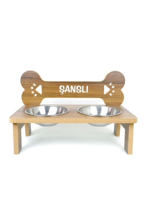 Köpek Su ve Mama Kabı - Kemik Model - Özel İsim Baskılı -Büyük Irk-Ceviz MDF - Çelik Kase - 2*1000ml