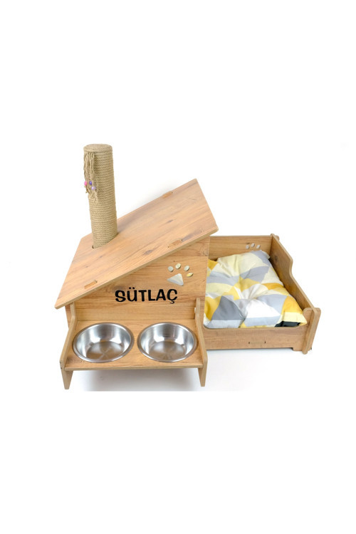 Ahşap Kedi Evi - Mama Kabı - Özel Isim Baskılı - Tırmalama Çubuklu -Meşe Mdf - Çelik Kase - 2*400ml