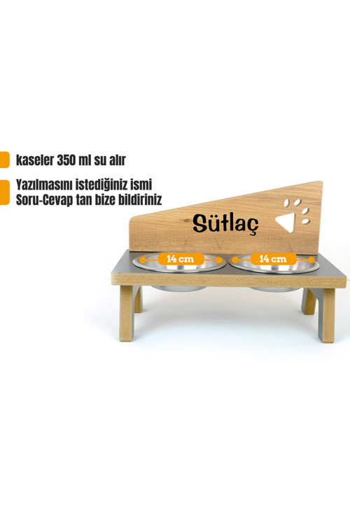 Özel Isim Baskılı, Ahşap, Çelik Kâseli Kedi- Köpek Mama Ve Su Kabı - 2*350 Ml.