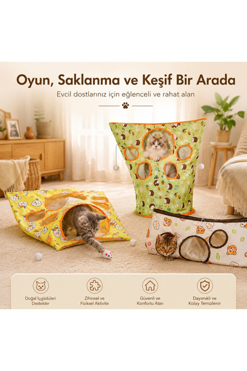 Evcil Hayvan Hışırtılı Pati Desen Girişli Hışırtılı Oyun Tüneli