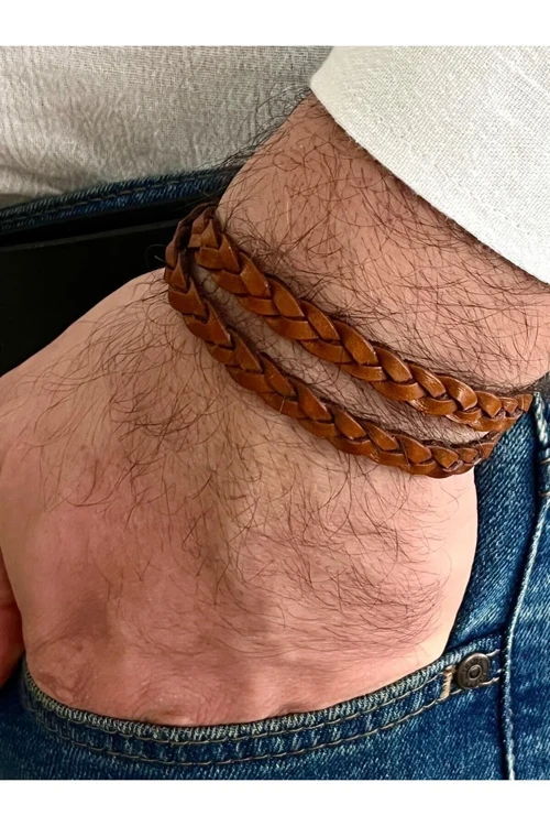 Taba Renk %100 Deri Yılan Sarmalı Dolamalı Erkek Bileklik 40cm (Türk El Üretimi)