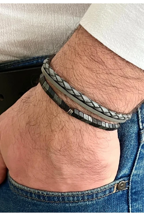 Gri Renk %100 Deri&Hematit 3L3 Kombin Erkek Bileklik Set 21 cm (Türk El Üretimi)