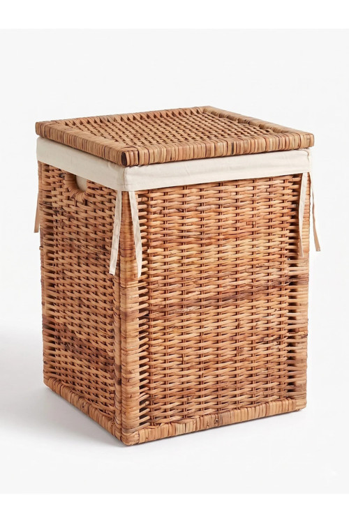 Branas Doğal Rattan Kirli Çamaşır Sepeti 80 Lt Kapaklı ve Yıkanabilir Astarlı Hasır Sepet 40 x 40 x 57 cm