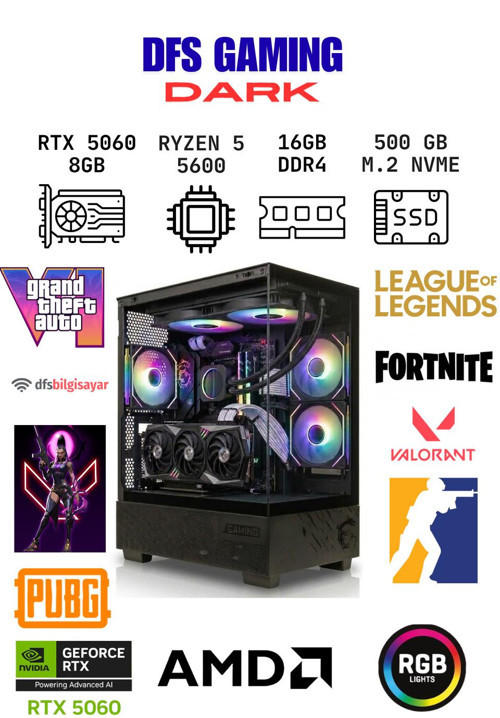 DFS Gaming DARK RYZEN 5 5600-A520M-RTX 5060-16GB RAM-512GB M.2 SSD-OYUNCU BİLGİSAYARI