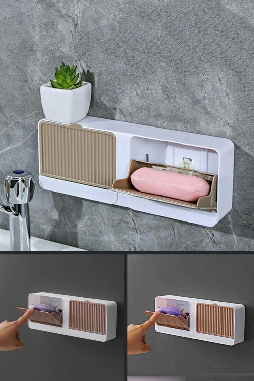2 Bölmeli Katı Sabunluk Güçlü Yapışkanlı Duvara Monte Mutfak Banyo Organizeri Kahve Rengi