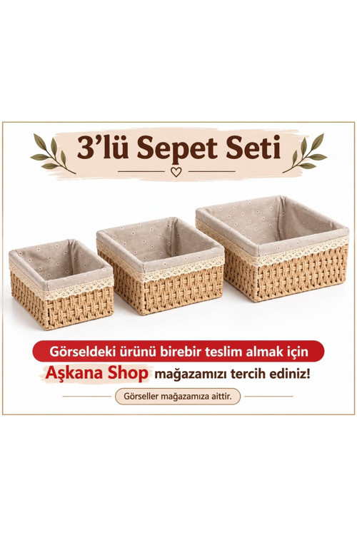 3’lü Dikdörtgen Hasır Sepet Seti Kumaşlı Dantelli Dekoratif Organizer Çok Amaçlı Banyo Mutfak Düzenleyici