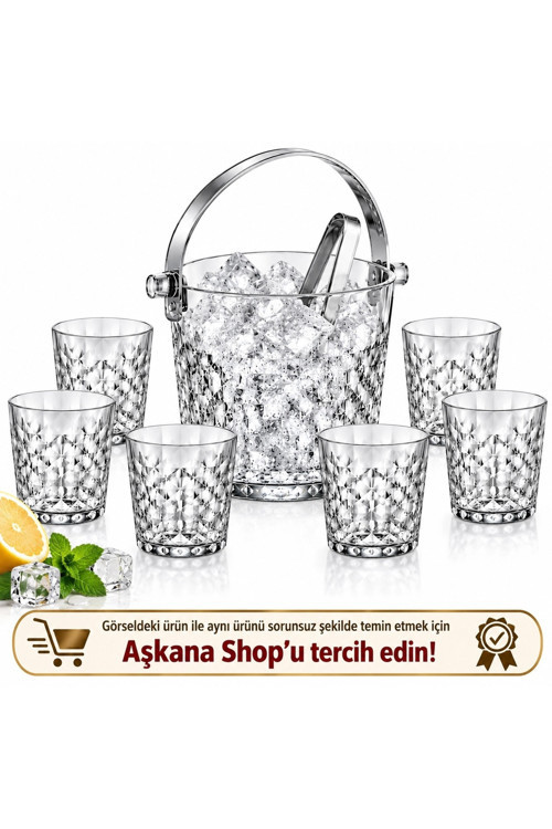 8 Parça 6’lı Cam Bardak ve Maşalı Buz Kovası Seti Kristal Görünümlü İçecek Sunum Seti