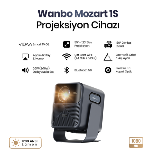 Mozart 1S 1200 ANSI VIDAA Voice Full HD Akıllı Projeksiyon Cihazı 4K Destekler Dahili Gimbal Stand
