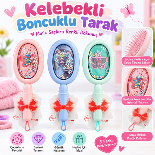 Kelebekli Boncuklu Çocuk Saç Fırçası – Renkli Hareketli Boncuklu Sevimli Tarak