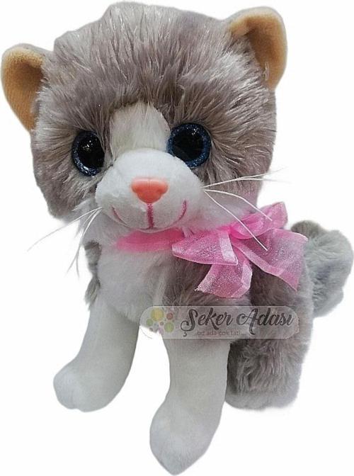 Miyavlayan Sevimli Sesli Yumuşacık Gri Peluş Kedi 20 Cm - Hediyelik Uyku Ve Oyun Arkadaşı