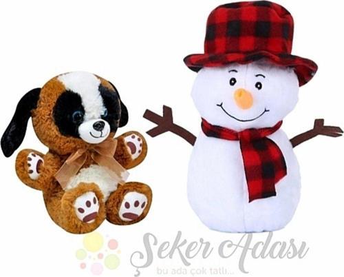 Peluş Kardan Adam 25 Cm ve Dost Ev Köpek 15 Cm Yılbaşı Kış Dekoratif Hediye Süsleme