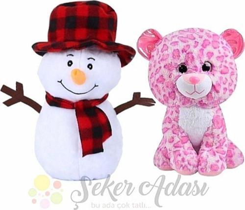 Peluş Kardan Adam 25 Cm ve Pembe Panter Kedi 15 Cm Yılbaşı Kış Dekoratif Hediye Süsleme