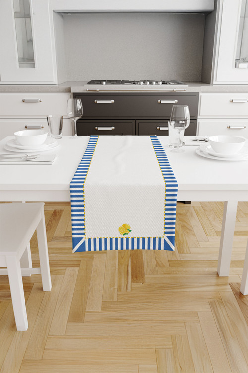 Bluon Çubuk Desenli Puantiye Detaylı Limonlu Runner – Sarı/Mavi/Beyaz 40x140 cm