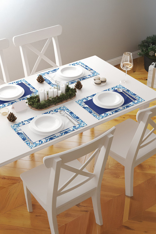 Flowa Etnik Motifli Çiçekli Mavi Zemin 1 Adet Amerikan Servis –Mavi/Beyaz 45x35 cm