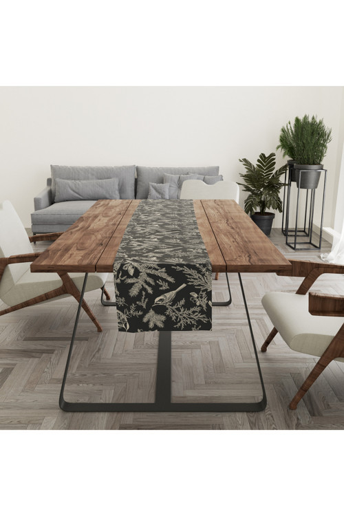 Kuş Desen Siyah Dijital Baskı Runner 50x140