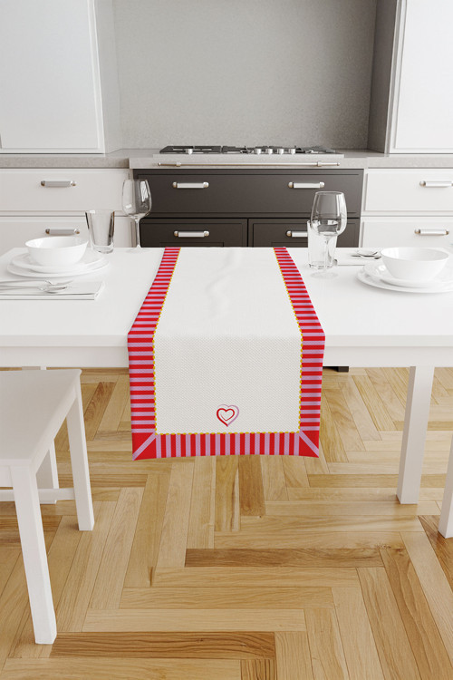 Lovin Minimal Kalp Desenli Kırmızı-Pembe Çubuk Kenarlı Beyaz - Kırmızı/Pembe/Beyaz 40x140 cm