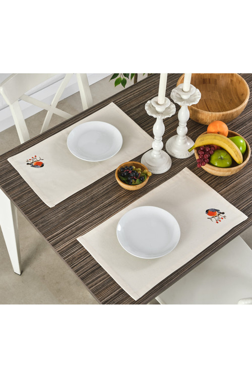 Kuş Desen Nakışlı Keten Kumaş Placemat Amerikan Servis 30x50