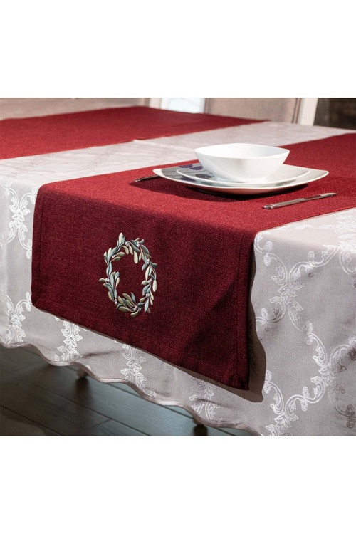 Nakışlı, Yılbaşı Konsepti Taç Desenli 45x140 Dekoratif Runner Bordo
