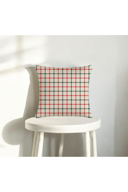 Ekose Desen Yılbaşı Dijital Baskı Beyaz Dekoratif Kırlent Kılıfı 43x43